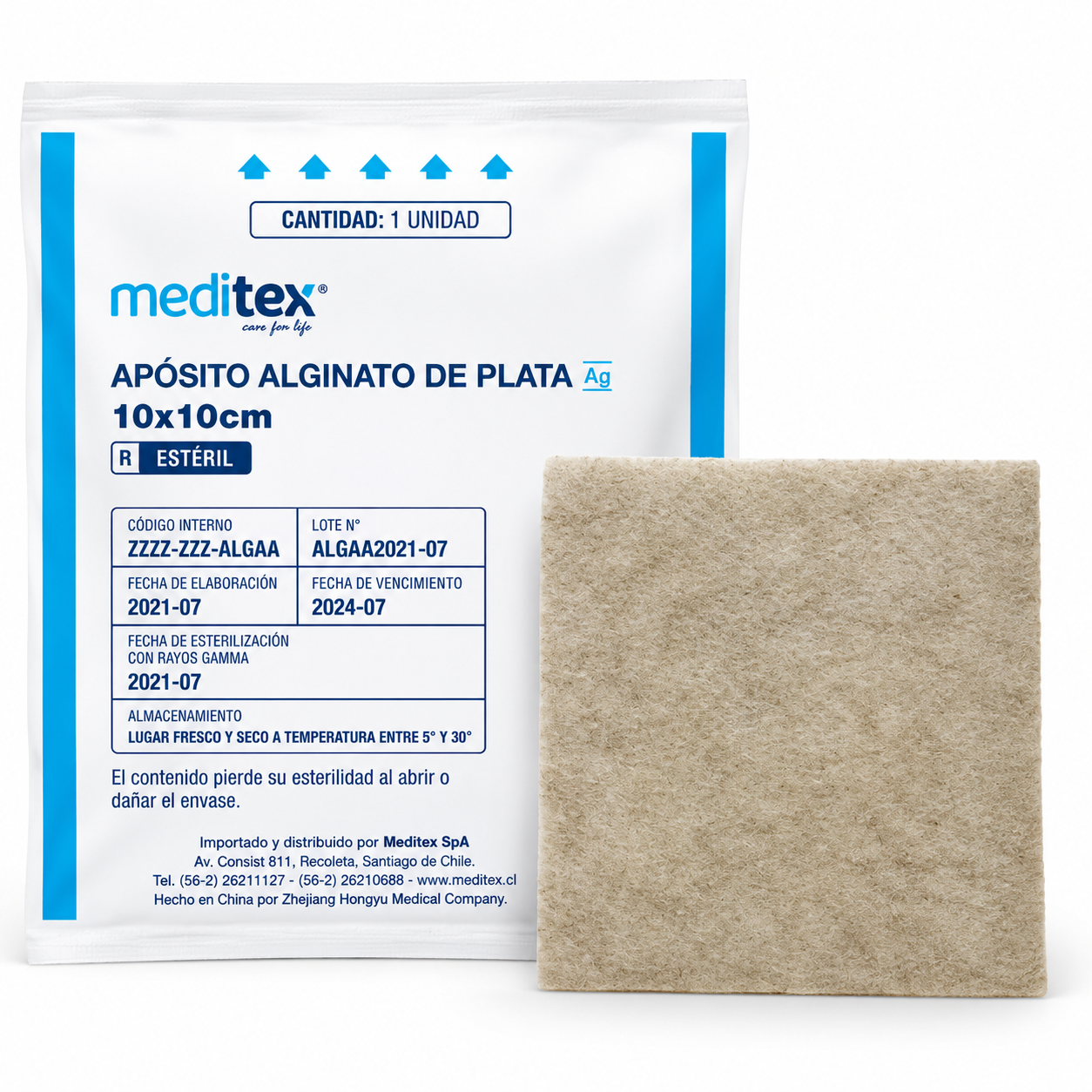 Representación comercial del apósito de alginato de plata Meditex de 10 x 10 cm