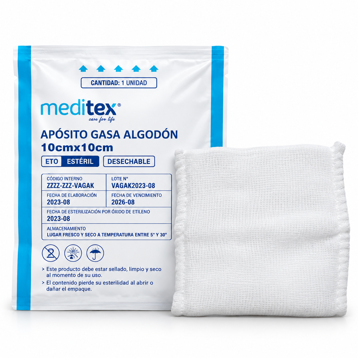 Imagen ilustrativa de apósito de gasa de algodón estéril Meditex de 10 por 10 centímetros